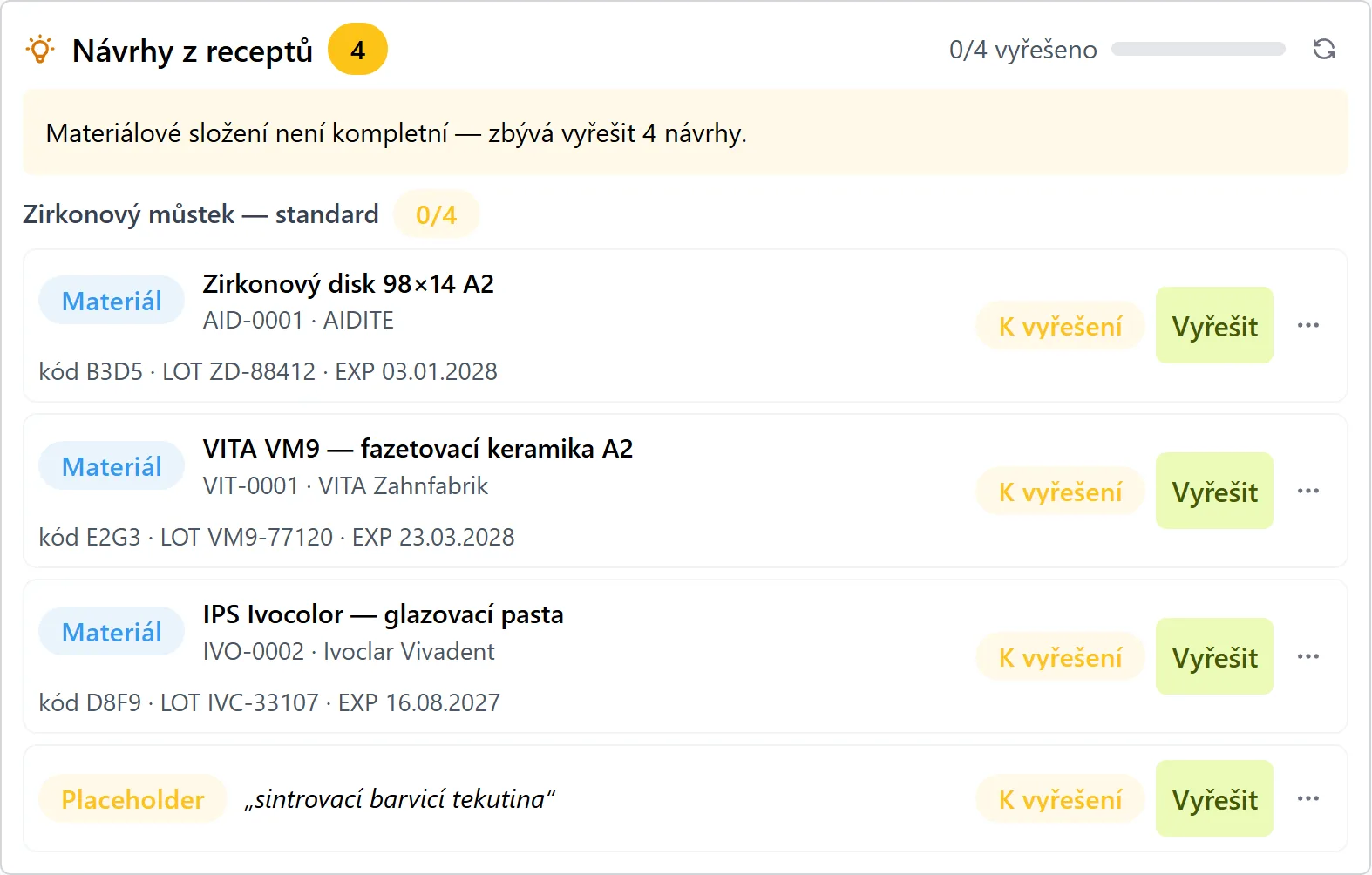 Materiálový checklist z receptů na detailu zakázky