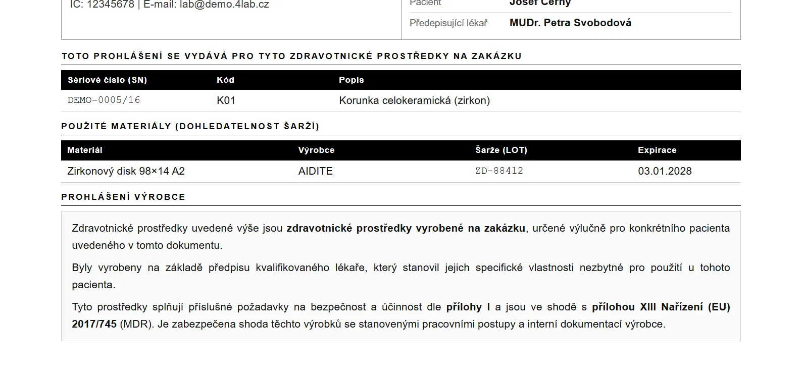 Část prohlášení o shodě s dohledatelností šarží